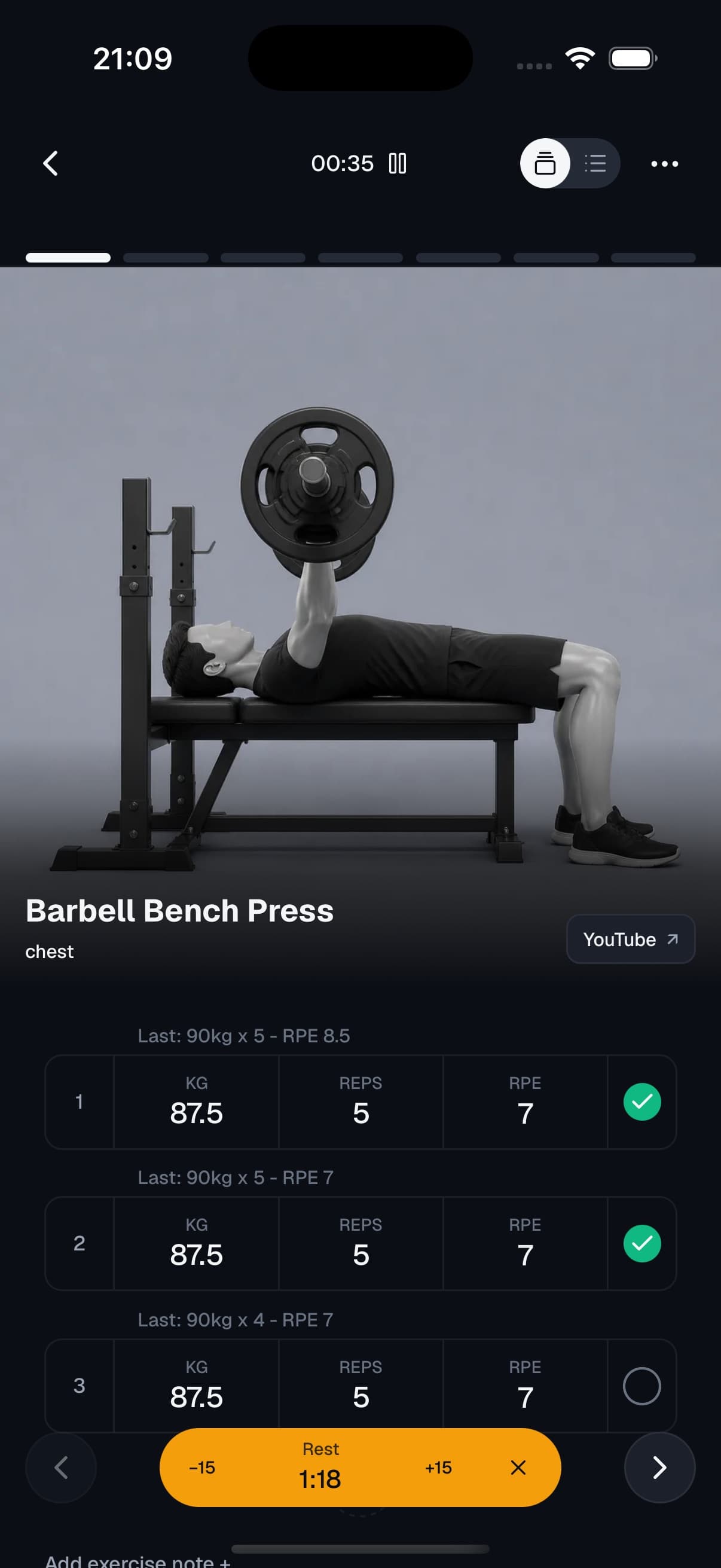 Panthyr active workout screen with set logging, effort ratings, last-session reminders, and a running rest timer